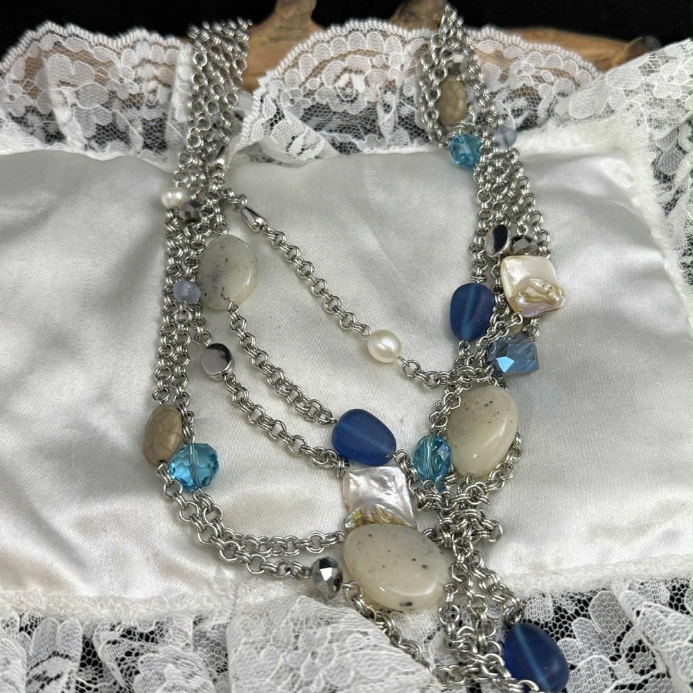 VIRA WANG MULTI STRAND GEMSTONE GLASS CRYSTAL AND PEARL STATEMENT NECKLACE